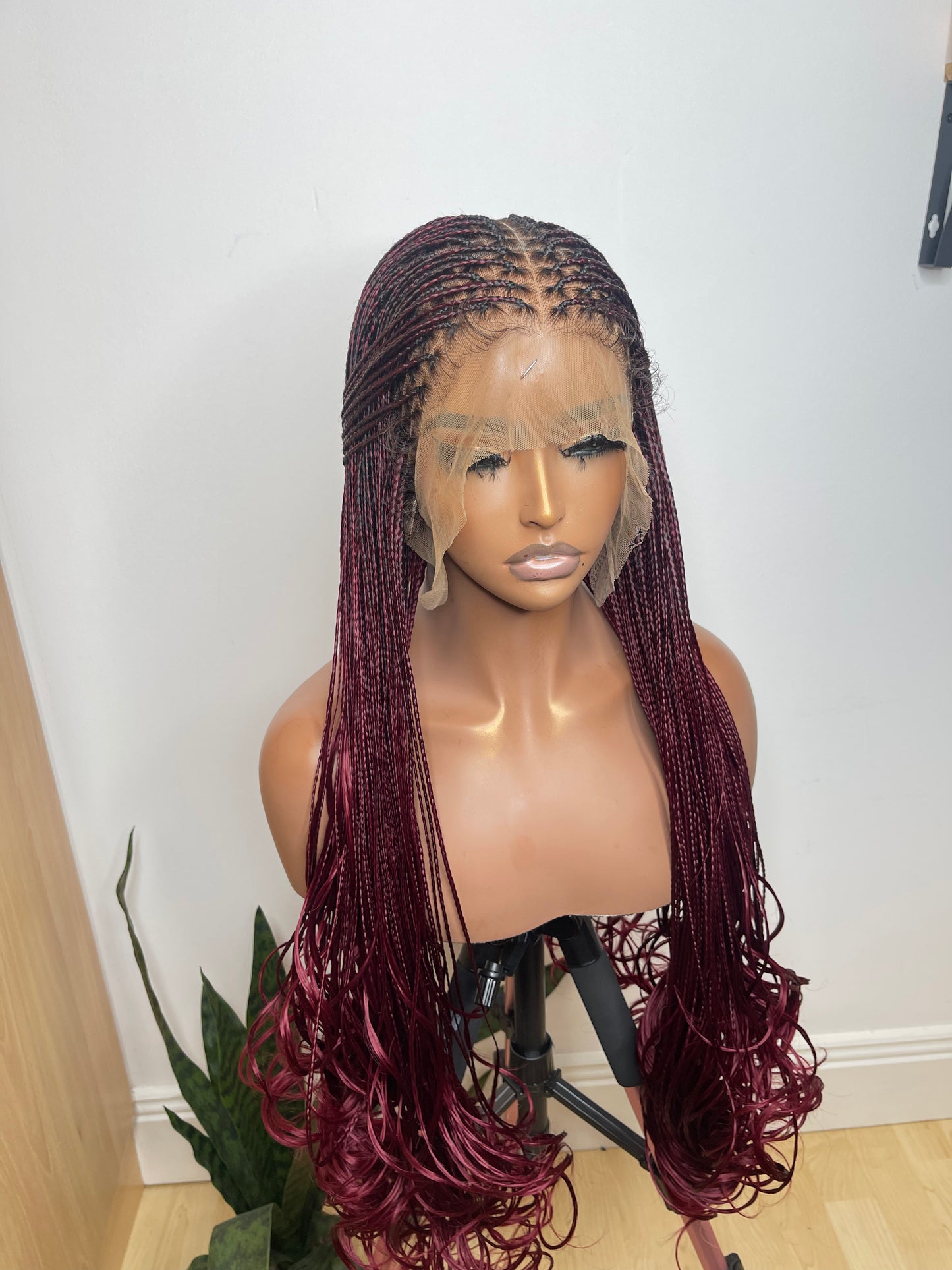 Burgundy curly braided wig